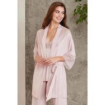 Pierre Cardin 2820 Kadın Penye Dantelli Sabahlıklı Pijama Takım-pudra Pudra