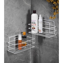 Sas Haus 2'li Beyaz Yapışkanlı Banyo Rafı, Duş Şampuanlık, Paslanmaz Metal Duvar Rafı (Vidala veya Yapıştır) - TŞ-01