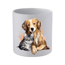 Kedili Köpekli Kulpsuz Kupa Bardak - Hediye Kahve Kupası, Su Bardağı Beyaz