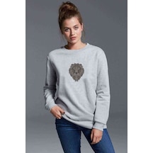 Lion Art Baskılı Gri Kadın Sweatshirt