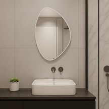 50x73 Cm Modern Asimetrik Dekoratif Ayna Organik Tasarım Beyaz Çerçeveli Banyo Ve Salon Duvar Aynası Beyaz