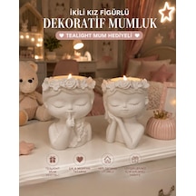 İkili Kız Figürlü Dekoratif Mumluk Seti Tealight Mum Hediyeli 2
