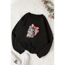 Unisex Sevimli Kedi Baskılı Bisiklet Yaka Sweatshirt Siyah