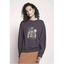 Astronot Uzay Karışık Baskılı Füme Antrasit Kadın Sweatshirt