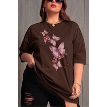 Kelebek Baskılı Kadın Büyük Beden Battal Bisiklet Yaka Pamuklu T-shirt Rahat Kesim Kahve