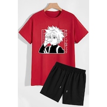 Uyguntarz Rahat Tasarım Anime Şort T-shirt Eşofman Takımı Kırmızı