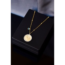 925 Ayar Gümüş Gold / Rodyum Kaplama Cam Gözlü Top Zincirli Bebek Ayak Izi Firuze Taşlı Plaka Kolye