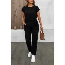 Ahes Shopping Kadın Kısa Kollu Bisiklet Yaka Yandan Bağlamalı Bürümcük Bluz Ve Pantolon Ikili Takım Siyah