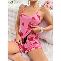 Kadın Pembe Kalp Baskılı Şortlu Gecelik Pijama Takımı 5050 Beden / Renk: S/m / Pembe Diğer