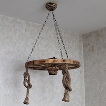 Otantik Çarşı Ahşap Halatlı Teker Avize 60 Cm. 3'lü Eskitme Siyah