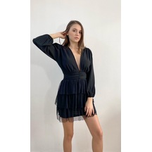 Mois Atelier Fırfırlı Siyah Büzgülü Mini Elbise Büyük Beden Siyah