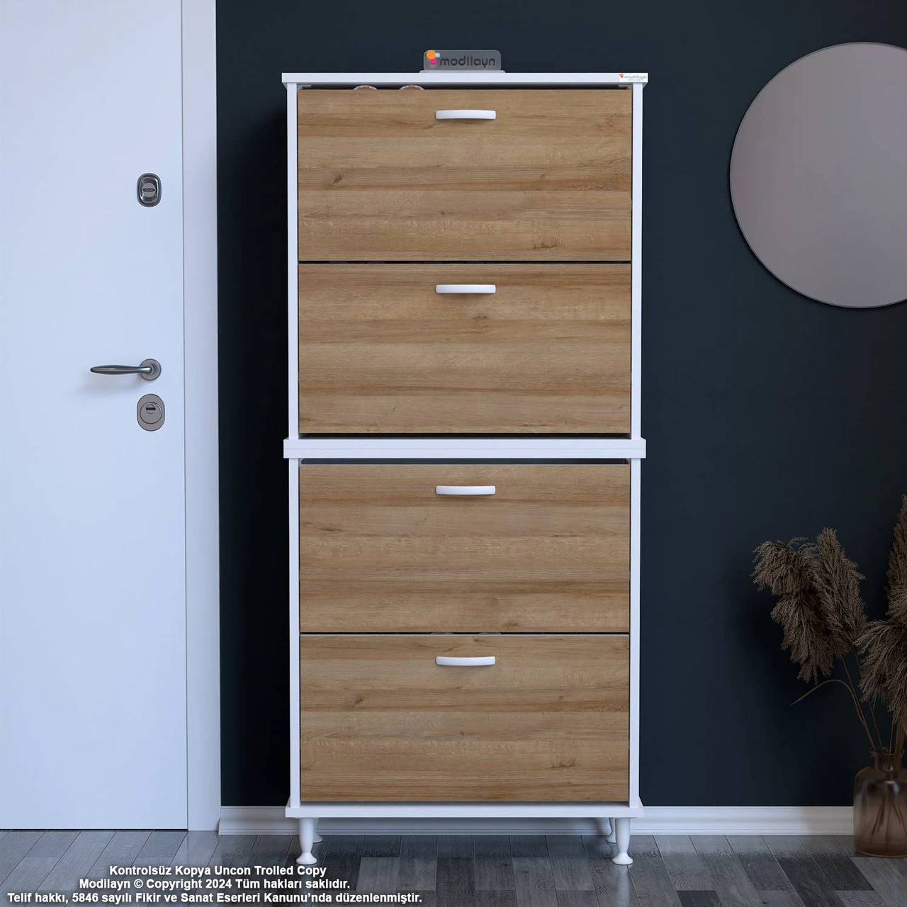 Asaf 2 Li Antre Meşe Renk Ayakkabılık 52 Cm 4 Düşer Kapak 8 Göz Bölmeli Ayakkabılık 52x160x25,5 Cm Meşe