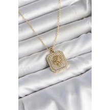 Mey İthalat 316l Çelik Zincir Gold Aslan Madalyon Model Zirkon Taşlı Kadın Kolye 01 - Krem