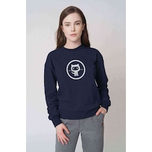 Cat Baskılı Indigo Mavi Kadın Sweatshirt