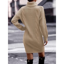 Aqe Fashion Saç Örgü & Selanik Örgü Desenli, Links Detay, Boğazlı, Uzun Kollu, Sırt Detay Desenli Taş Triko Elbise Tunik Taş