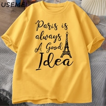 Flood Of Style Erkekler T En Kaliteli Baskı Paris T-shirt Rahat Tatil Moda O Boyun Kazak Pamuk Kısa K Sarı