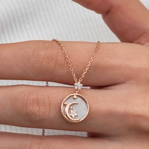 925 Ayar Gümüş Rose Altın Kaplama Kaplama Kaplama Sedef Taşlı Ay Yıldız Hilal Kadın Kolye Rose Gold