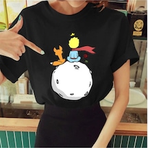 Startmore Kadın Beyaz Küçük Prens Baskılı Bisiklet Yaka Oversize Geniş Kalıp T-shirt Tişört Siyah