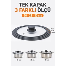 Silikon Kenarlı 3 Ölçü Cam Tencere Kapağı 26-28-30 Cm Çok Renkli