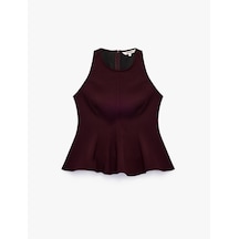 Koton Slim Fit Bisiklet Yaka Kolsuz Peplum Bluz Bordo 7wak60033pw
