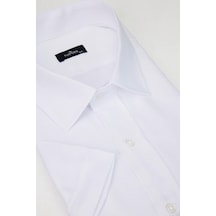 Büyük Beden Kısa Kol Kravatlık Armürlü Tek Cep Düz Beyaz Erkek Gömlek-30412-beyaz