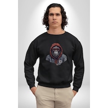 Kırmızı Gözlük Çeket Maymun Unisex Siyah Baskılı Sweatshirt Siyah