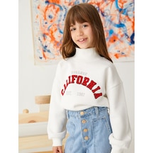 Koton Crop Oversize Kolej Sweatshirt Dik Yaka Şardonlu Ekru 4wkg10061ak 4WKG10061AK010 Ekru