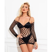 Intive Lingerie Intive Örgü Detaylı Transparan Kayık Omuz Mini Çorap Elbise/vücut Siyah