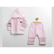 Desenli Kapüşonlu Çıtçıtlı Welsoft İkili Alt Üst Takım Pembe