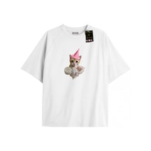 Tarzsokak Beyaz Oversize T-shirt Happy Kedi Özel Tasarım