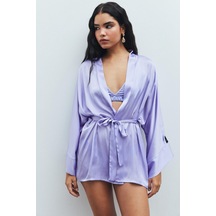 Fumée Lila Kısa Saten Sabahlık / Kimono Lila