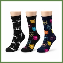 Bezos Unisex Kedi Desenli Çorap 3'lü Set Pamuklu Renkli Uzun Soket Dikişsiz Nefes Alan Rahat Günlük Çorap Hb006 Çok  Renkli