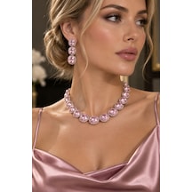 Pembe Taşlı Kolye Küpe Takımı Kadın Şık Ve Zarif Özel Gün Takı Seti Pembe - 923909395 Pembe