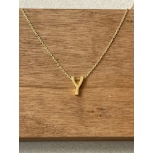 925 Ayar Gümüş Gold Renk Y Harfi Kolye Harfli Kolye 45cm
