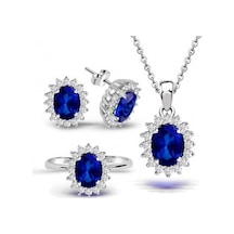 Kuyumcudukkani Safir Renk Klasik Antruaj Yüzük Küpe Kolye Seti-24096-w-blu Beyaz