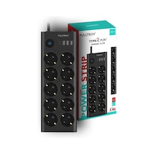 Type-c Port Girişli Akım Korumalı 10'lu Priz, 3 Usb, 1 Type-c Giriş, Isıya Dayanıklı, Ftr-14 Grup Priz, Çoklu Uzatma Kablo Siyah 1
