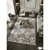 Konak Halı Modern Salon Halısı Kahve Krem Geometrik Kare Desenli Emboss Saçaklı Kahverengi