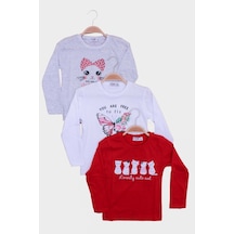 3'lü Cat Meow-free To Fly-lovely Cute Cat Baskılı Kız Çocuk Uzun Kol Kırmızı-beyaz-gri Sweatshirt Çok Renkli