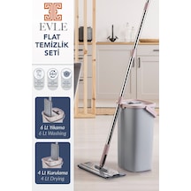 Lavine Premium Flat Mop Seti Gri, Su Tahliyeli Kova, Paslanmaz Çelik Sap