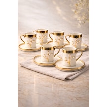 6 Kişilik Lüks Beyaz Gold Yaldızlı İnci Lotus Dallı Kahve Fincan Takımı Seti 100ml Altın - Beyaz