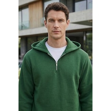 Tudors Unisex Relax Fit Rahat Kesim Pamuklu İçi Polarlı Yarım Fermuarlı Yeşil Kapüşonlu Sweatshirt-37026