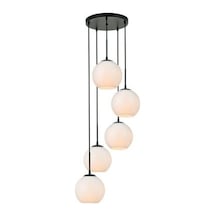 Rsylight Metal Modern Siyah Retro Rustik Yuvarlak 5 Li Opal Camlı Sarkıt Avize