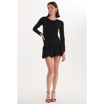 Tudors Kadın Slim Fit Dar Kesim Uzun Kollu Bisiklet Yaka Mini Siyah Elbise-34207 Siyah