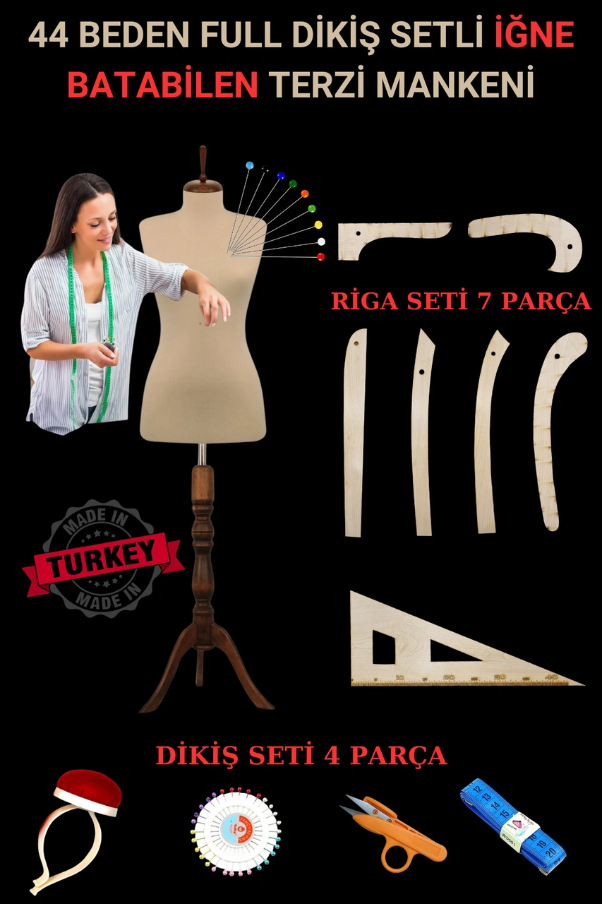 44 Beden Full İğne Batabilen Dikiş Setli Ve Riga Setli Terzi Mankeni Bej Ceviz Takım