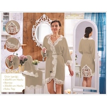 Elena Kapuçino Bayan Fransız Dantelli Balayı Çeyizlik Bornoz Seti Krem