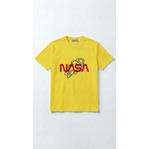 Unisex Düz Renk Nasa Dijital Baskılı Bisiklet Yaka Basic Tişört Sarı