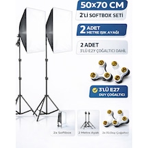 Rabsev Softbox İkili Set 50x70Cm Sürekli Işık Seti 2 Metre Ayaklı 3'lü E27 Duylu Ürün Fotoğraf Çekim Işığı