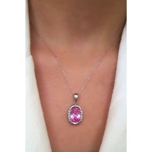 Pembe Zirkon Taşlı Gümüş Tasarım Kolye (460122596)
