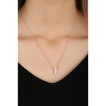 Baget Taşlı Pırlanta Model Gümüş Harf Kolye - T Rose Gold