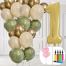 1 Yaş Balon Standlı Ve Pompalı Retro Küf Yeşili Krom Gold Kum Beji Balon Seti Gold Rakam Süsleme Çok Renkli